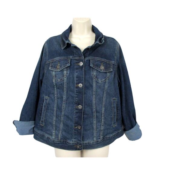Torrid Denim Trucker Jacket 1 Blue Jean Dark Distress Wash Stretch 1X 14 16 NEW - Picture 1 of 15